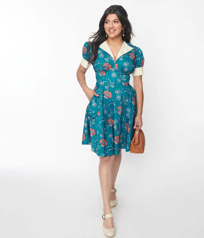 Empire Waist Women Dress to Accentuate the Bust and Conceal the WaistUnique Vintage 1940s Teal & Red Floral Chain Print Swing Dress