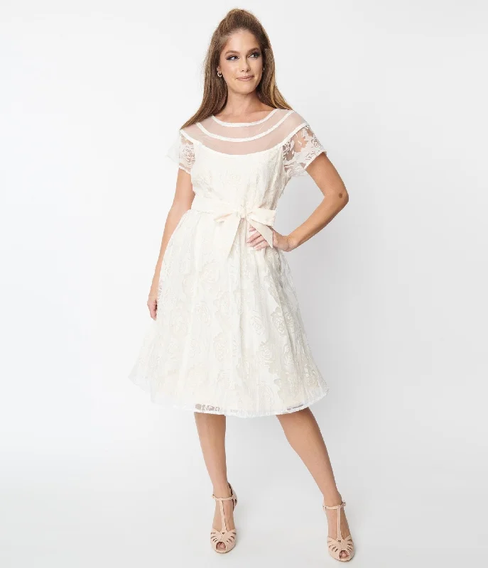 Mermaid - Style Women Dress with a Fitted Silhouette for Special OccasionsUnique Vintage White Burnout Rose Flare Dress