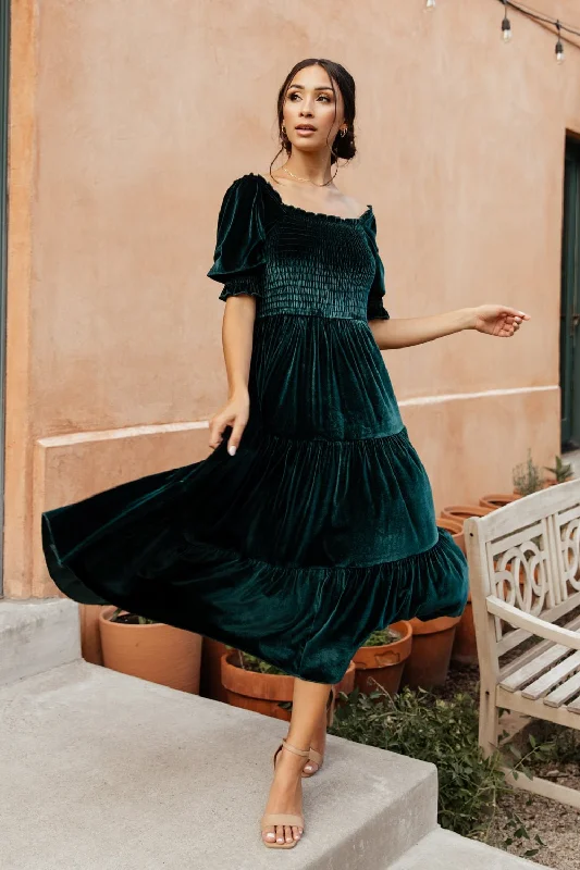 Lace - Embellished Women Dress for an Elegant and Sophisticated AppearanceVivaldi Smocked Velvet Midi Dress | Dark Green