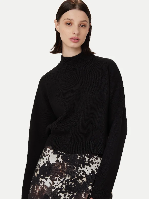 Cropped Women Sweater to Pair with High - Waisted BottomsCropped Women Sweater to Pair with High - Waisted BottomsThe Compact Mockneck Sweater in Black