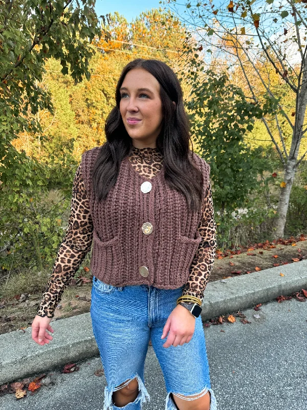 Hand - Knitted Women Sweater with Artisanal CharmHand - Knitted Women Sweater with Artisanal CharmChunky Brown Sweater Vest