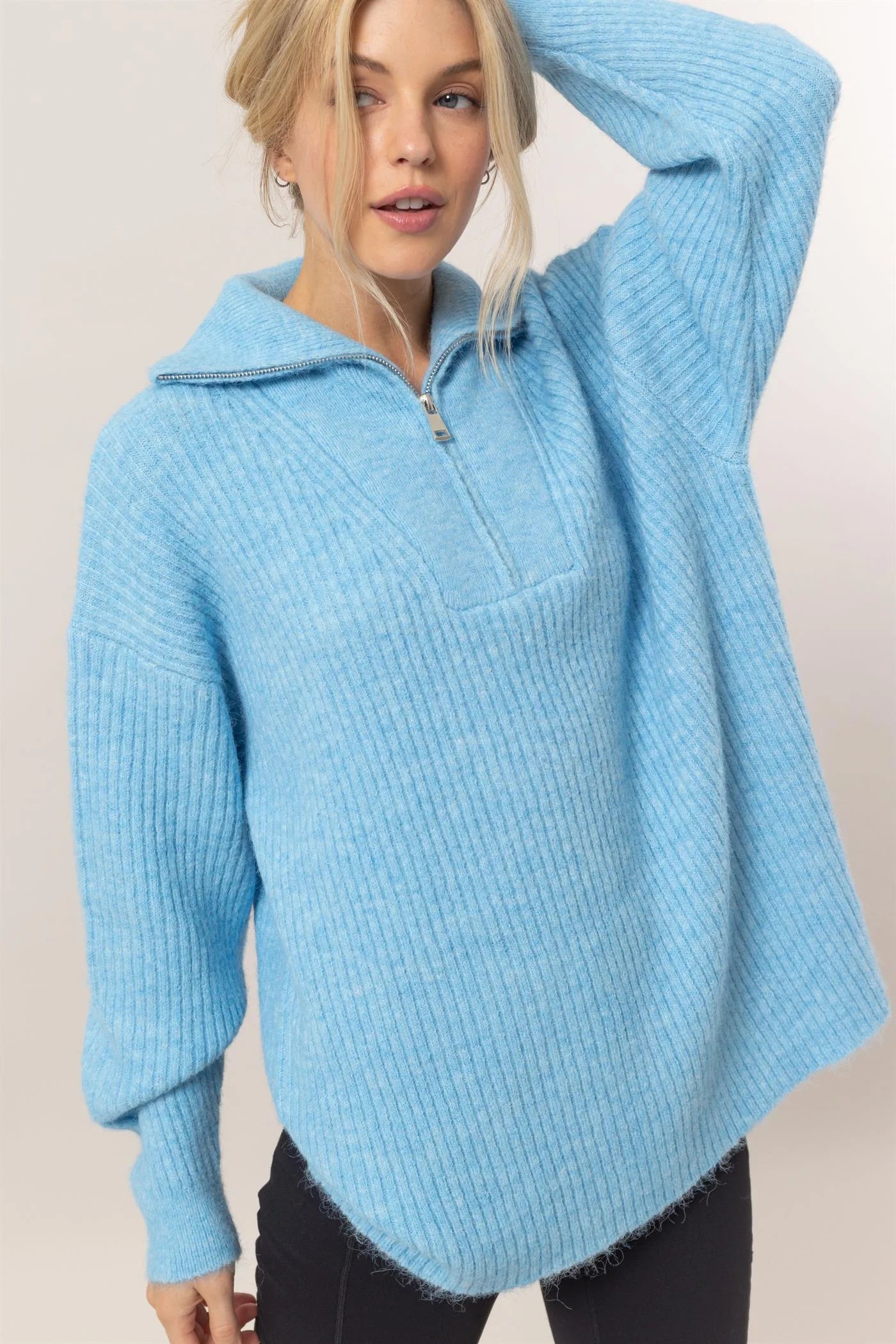 Long - Sleeve Women Sweater with Ribbed CuffsLong - Sleeve Women Sweater with Ribbed CuffsOn Clouds Blue Half Zip Sweater