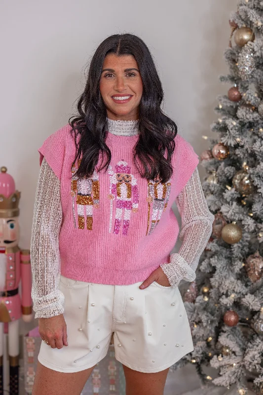 Sequin - Embellished Women Sweater for Special OccasionsSequin - Embellished Women Sweater for Special OccasionsSequin Nutcracker Pink Sleeveless Sweater