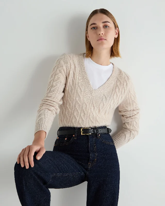 Hand - Knitted Women Sweater with Artisanal CharmHand - Knitted Women Sweater with Artisanal CharmWomen's Frankie Cable V Neck Cashmere Sweater Ecru White