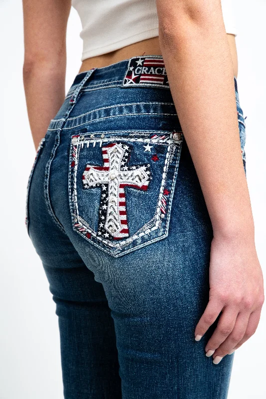 Stretch women jeans for enhanced mobility and comfortAmerican Flag Cross Embellished Mid Rise Capris