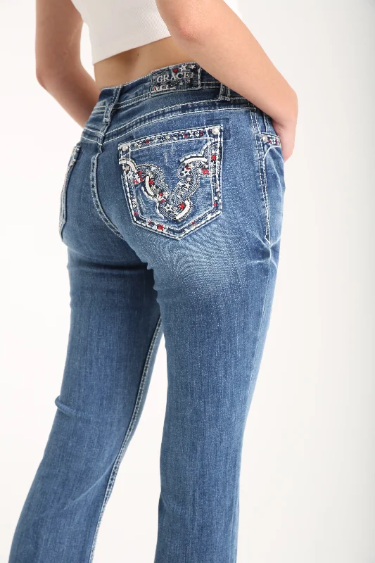 Dark - wash women jeans for a sophisticated and slimming effectAmerican Steer Head Mid Rise Embellished Women's Bootcut Jeans