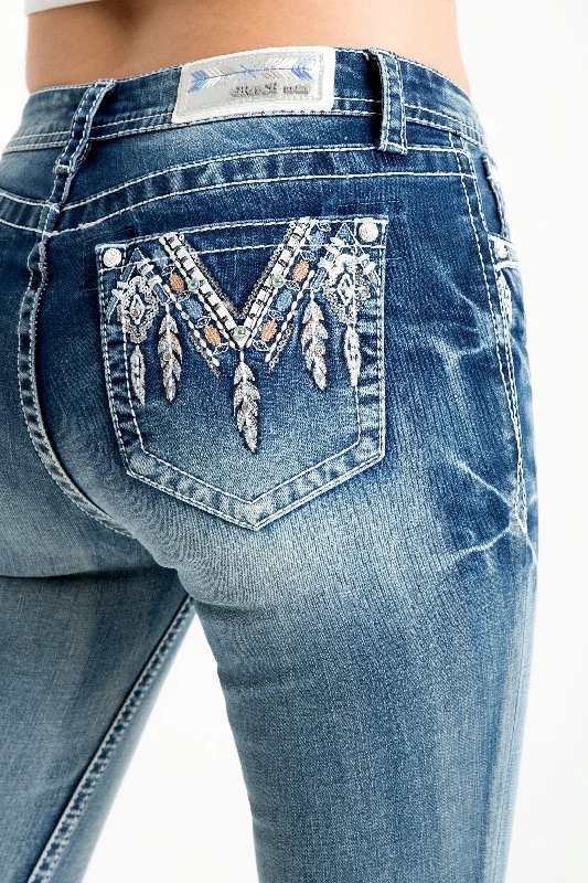 Wide - leg women jeans for a modern and relaxed vibeAztec/Feather Embellished Mid Rise Skinny Jeans