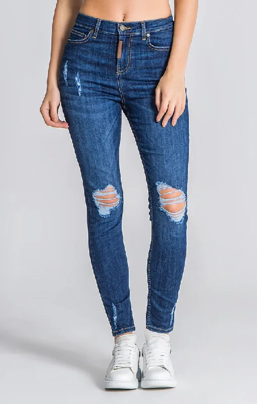 Jeggings women jeans combining the comfort of leggings and style of jeansDark Blue Core Ripped Jeans