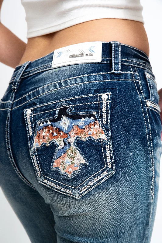 Mom jeans for a nostalgic and casual lookEagle Detail Mid Rise Bootcut Embellished Jeans