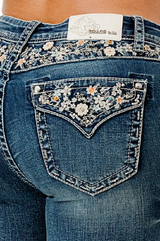 Skinny women jeans with a form - fitting designFloral Embroidered Yoke Detail Mid Rise Bootcut Jeans