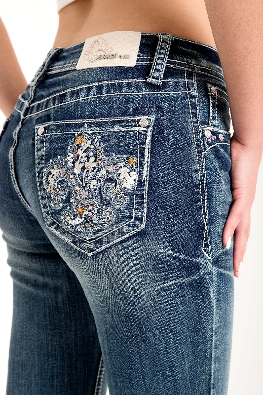 Ripped women jeans for a rebellious and fashion - forward styleFlu Dee Lee Embellished Mid Rise Women's Bootcut Jeans