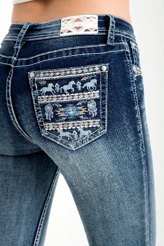 Distressed women jeans for a trendy and edgy lookHorse Embellished Mid Rise Skinny Jeans