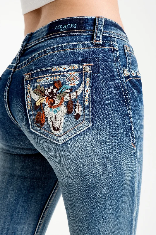 Button - fly women jeans with a traditional touchSteer Head Colorful Embellished Low Rise Bootcut Jeans