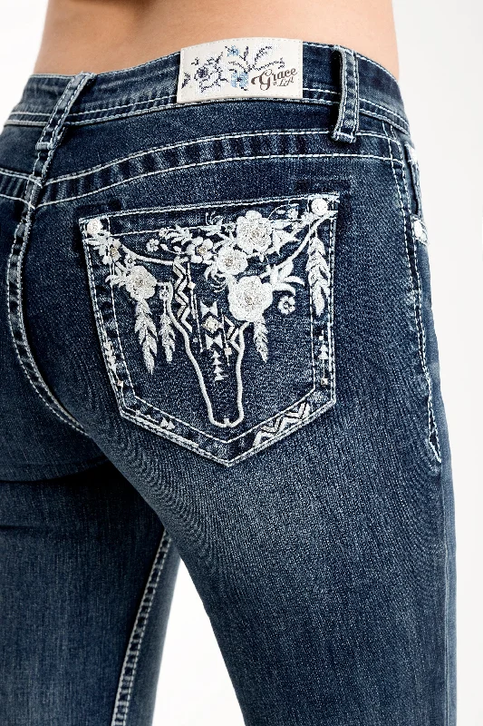 High - rise flare women jeans for a 70s - inspired lookFloral Steer Head Bootcut Embellished Jeans