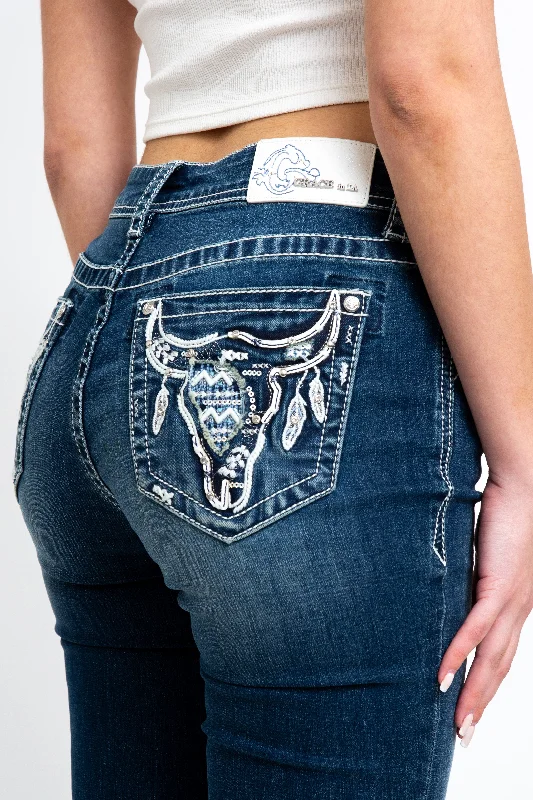 Distressed women jeans for a trendy and edgy lookSteer Head Mid Rise Bootcut Embellished Jeans