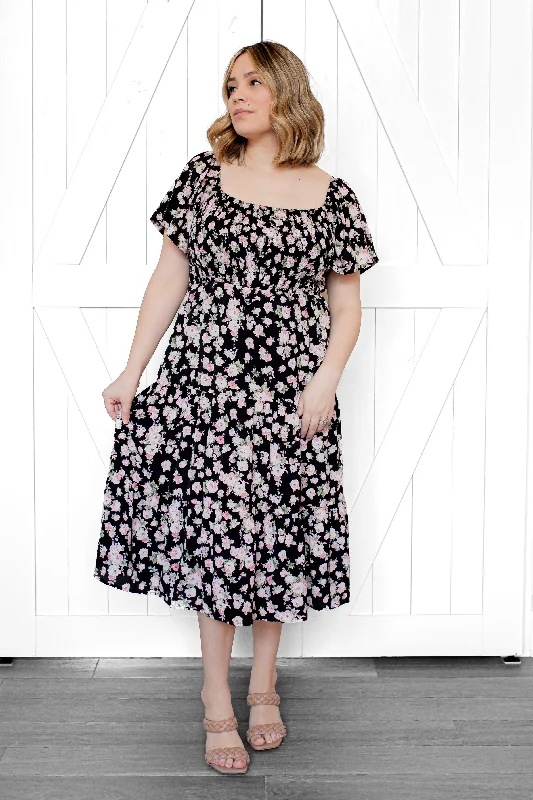 Plus Size Women Dress with a Flattering A - Line Cut for Comfort and StyleAdella Smocked Floral Midi Dress in Black (FINAL SALE)