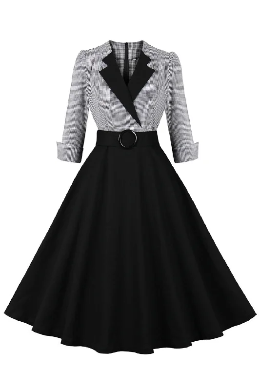 Ball Gown Women Dress with a Full Skirt for a Princess - like LookBlack Lapel Neck Plaid Vintage 1950s Dress