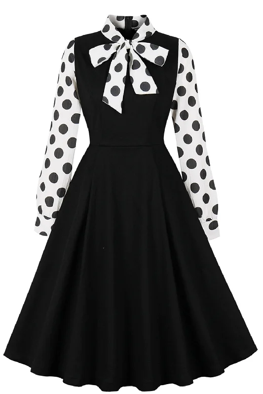 Strapless Women Dress with a Built - in Bra for Comfort and SupportBlack Polka Dot Swing 1950s Dress with Bows