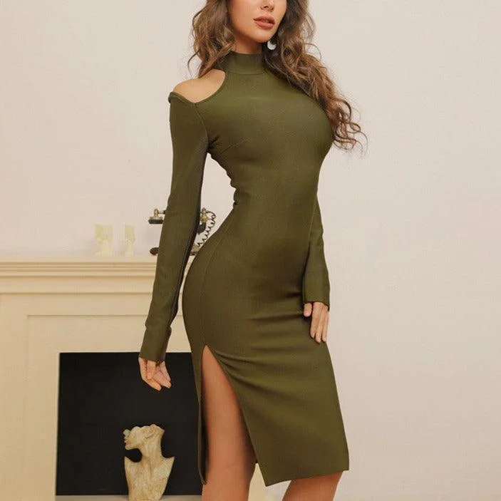 Mini Women Dress with a Short Hem for a Young and Trendy StyleKittenAlarm - Blaine Mock Neck Cut Out Midi Dress