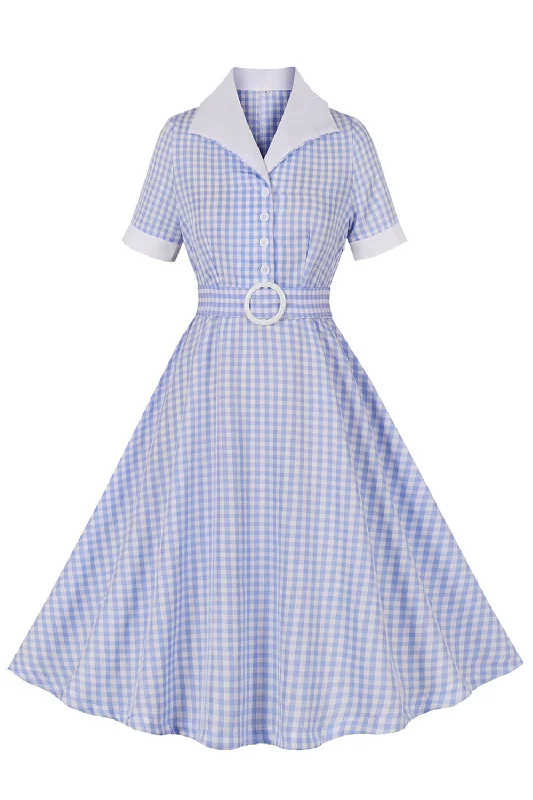 Backless Women Dress for a Sexy and Alluring Look at Evening EventsBlue Lapel Neck Plaid Vintage 1950s Dress