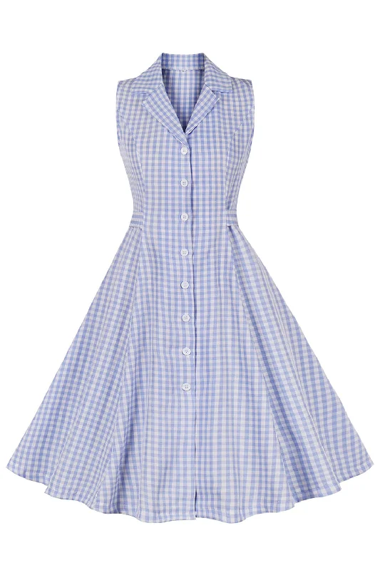 Shift Women Dress with a Simple and Classic Design for Everyday WearBlue Plaid Lapel Neck Vintage 1950s Dress