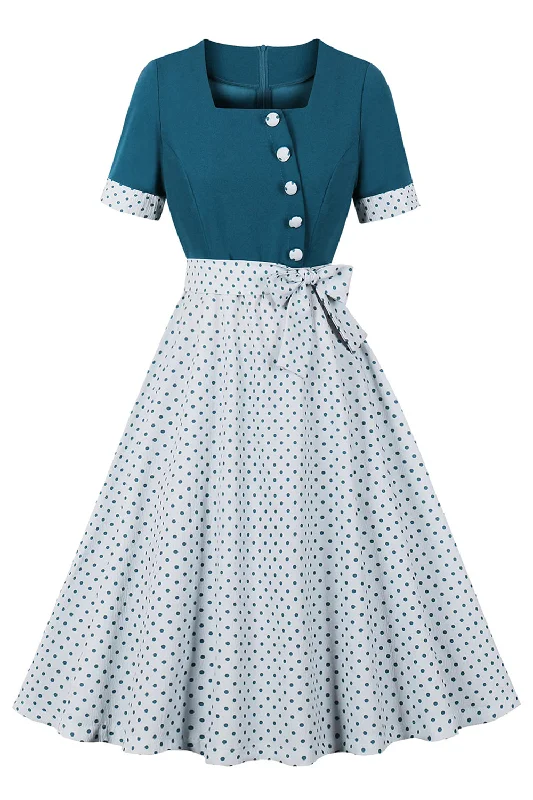 Strapless Women Dress with a Built - in Bra for Comfort and SupportBlue White Polka Dots Square Neck Vintage 1950s Dress