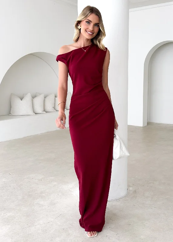 Wrap - Style Women Dress with Adjustable Fit for All Body TypesCarmella One Shoulder Maxi Dress - Burgundy