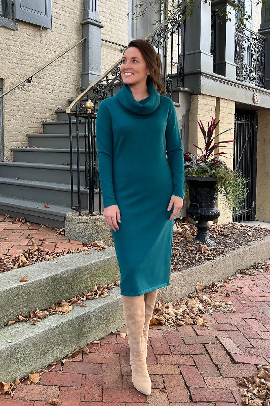 Wrap - Style Women Dress with Adjustable Fit for All Body TypesTHE EMERY COWL NECK SWEATER DRESS IN EMERALD