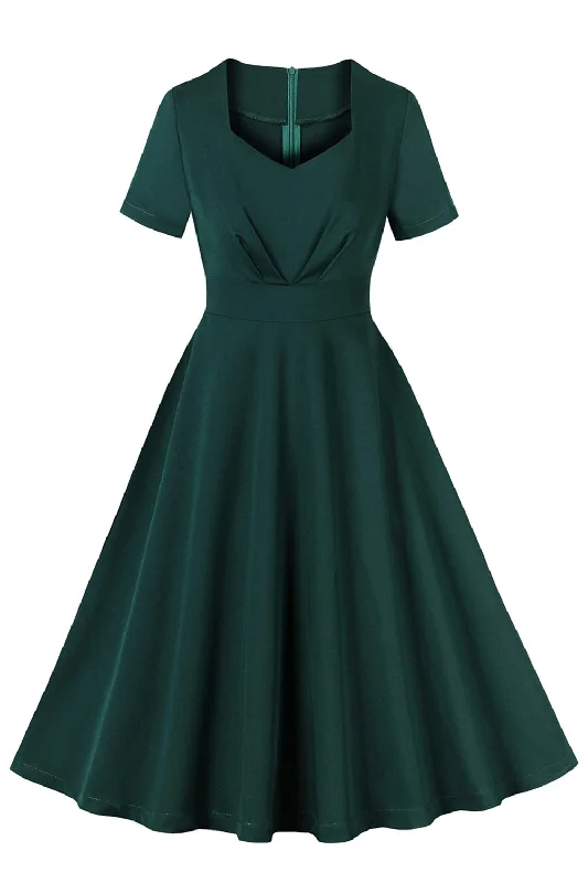 Empire Waist Women Dress to Accentuate the Bust and Conceal the WaistDark Green Ruffled Short Sleeves 1950s Dress