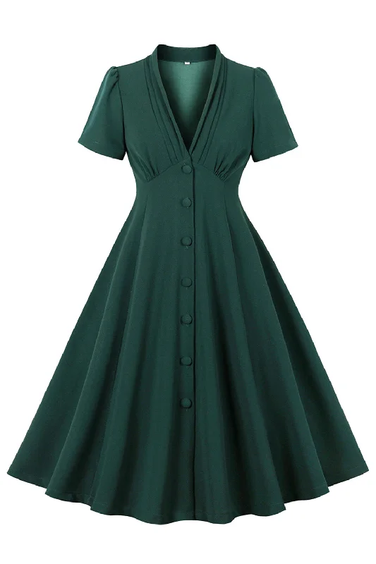 Halter Neck Women Dress to Show Off the Shoulders and NecklineDark Green V Neck Single Breasted 1950s Dress