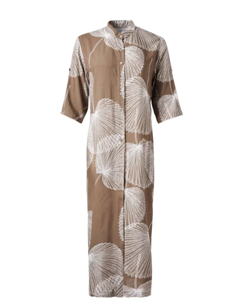 Ruffled Women Dress with Multiple Layers for a Playful and Girly StyleDay Break Tan Palm Print Shirt Dress