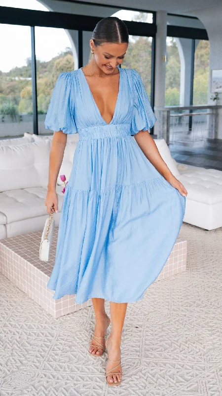 Pleated Women Dress with a Timeless and Elegant TextureErin Midi Dress - Blue