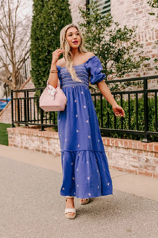 Sleeveless Women Dress in Bright Colors for Summer PartiesFarmers Market Stroll Smocked Maxi in Indigo