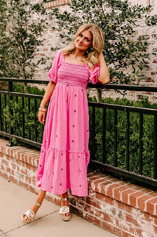 Pleated Women Dress with a Timeless and Elegant TextureFarmers Market Stroll Smocked Maxi in Pink