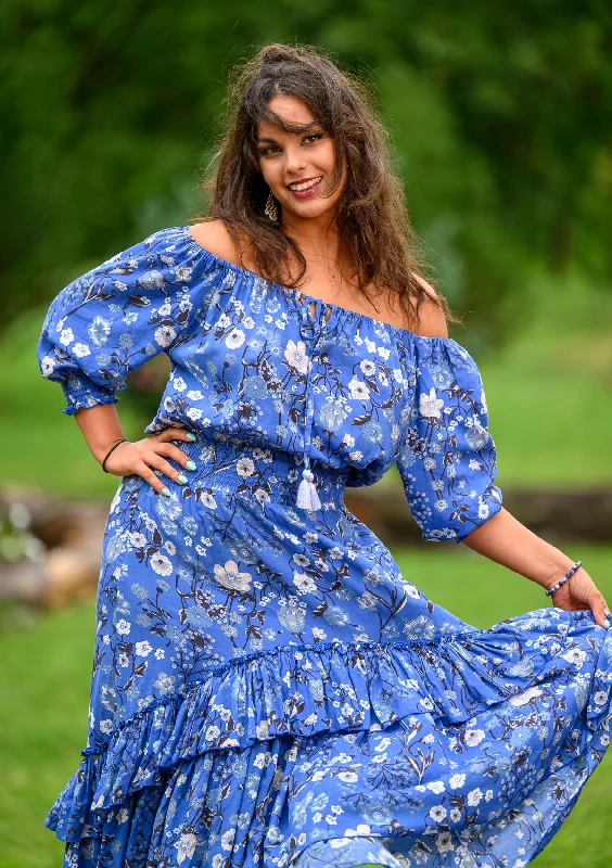 Ball Gown Women Dress with a Full Skirt for a Princess - like LookFlaminga Mix White Flowers Blue Dress