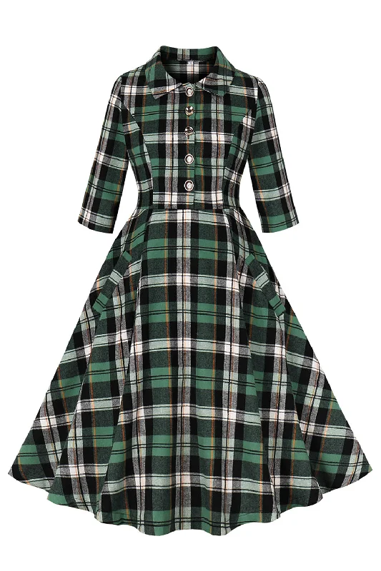 Off - the - Shoulder Women Dress for a Romantic and Feminine LookGreen Plaid Ruffled 1950s Swing Dress