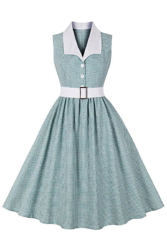 Pleated Women Dress with a Timeless and Elegant TextureGreen Plaid Sleeveless Swing 1950s Dress