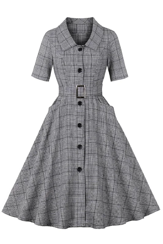 Shift Women Dress with a Simple and Classic Design for Everyday WearGrey Plaid Lapel Neck Vintage 1950s Dress