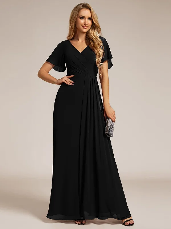 Ball Gown Women Dress with a Full Skirt for a Princess - like LookHigh Slit V-Neck Chiffon High Waist Bridesmaid Dress with Ruffle Sleeve