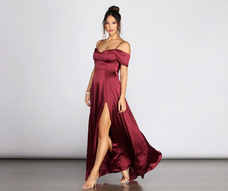 Halter Neck Women Dress to Show Off the Shoulders and NecklineKara Satin Off Shoulder Formal Gown