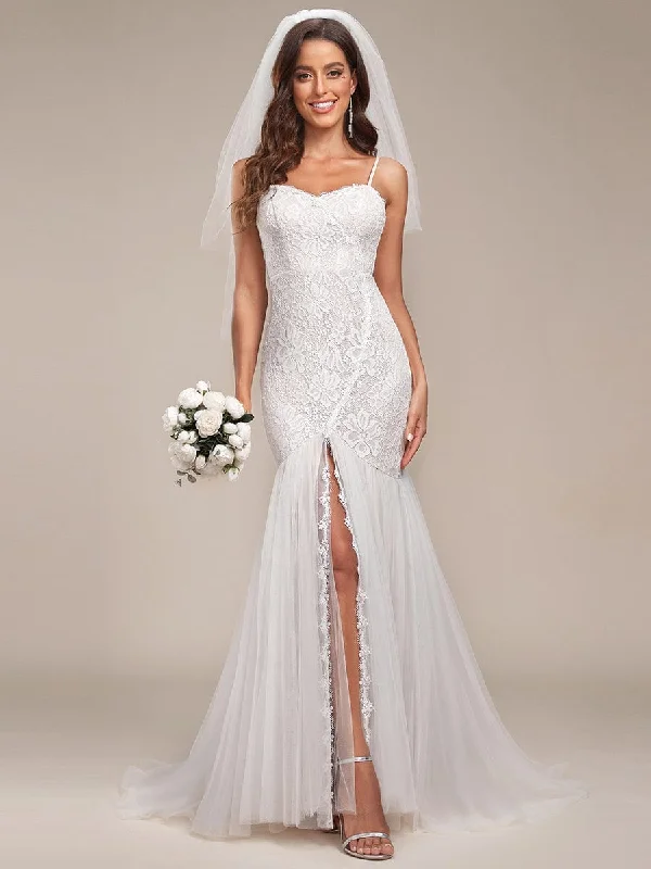 Mermaid - Style Women Dress with a Fitted Silhouette for Special OccasionsSpaghetti Strap Lace Backless Long Fishtail Wedding Dress