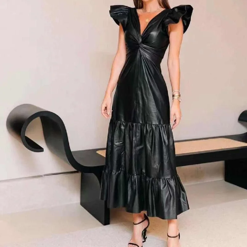 Mini Women Dress with a Short Hem for a Young and Trendy StyleKittenAlarm - Lanie Ruffle Leather midi Dress