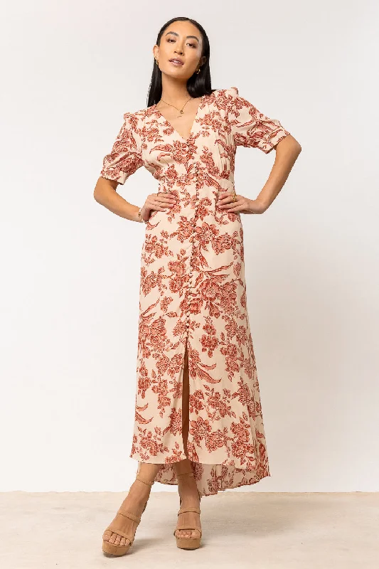 Pleated Women Dress with a Timeless and Elegant TextureLia Floral Midi Dress in Rust