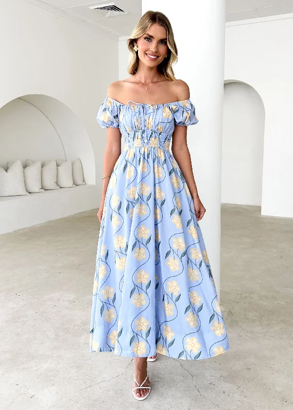 Pleated Women Dress with a Timeless and Elegant TextureMaisie Maxi Dress - Blue Flowers