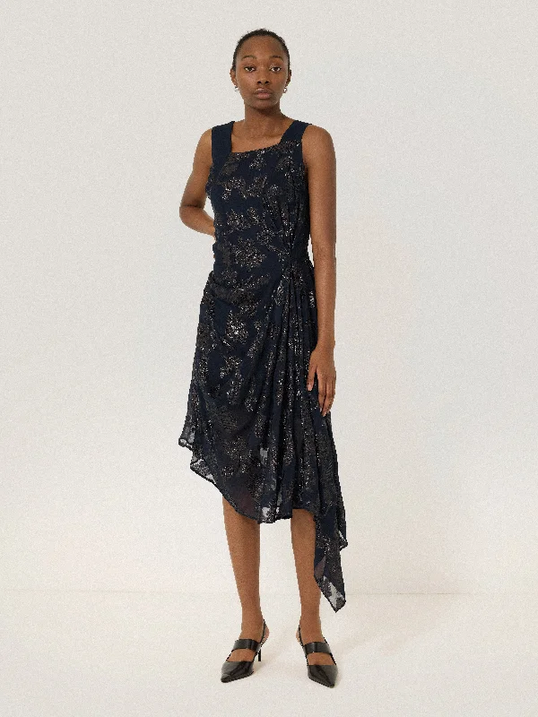 Sheath Women Dress with a Tailored Fit for a Professional LookMetallic Jacquard Drape Dress | Navy