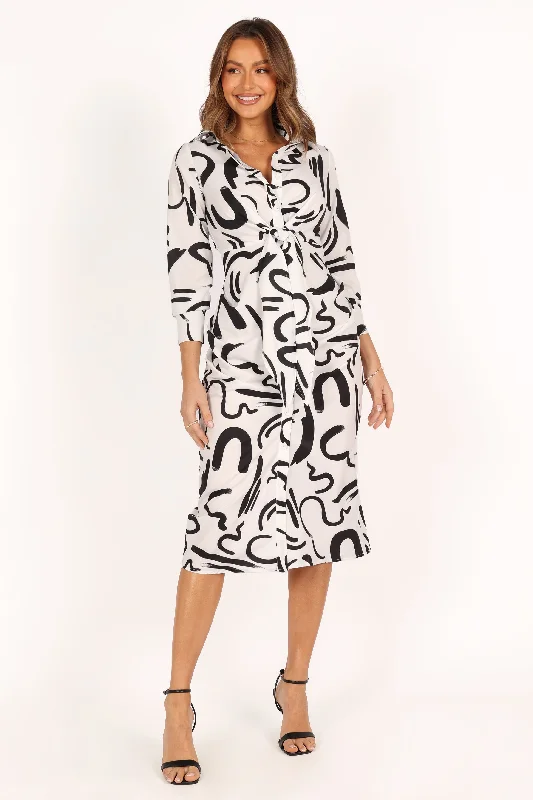 Pleated Women Dress with a Timeless and Elegant TextureMinori Long Sleeve Midi Dress - White Black