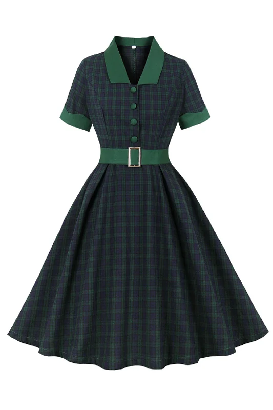 Plus Size Women Dress with a Flattering A - Line Cut for Comfort and StyleNavy Green Plaid Belted Swing 1950s Dress