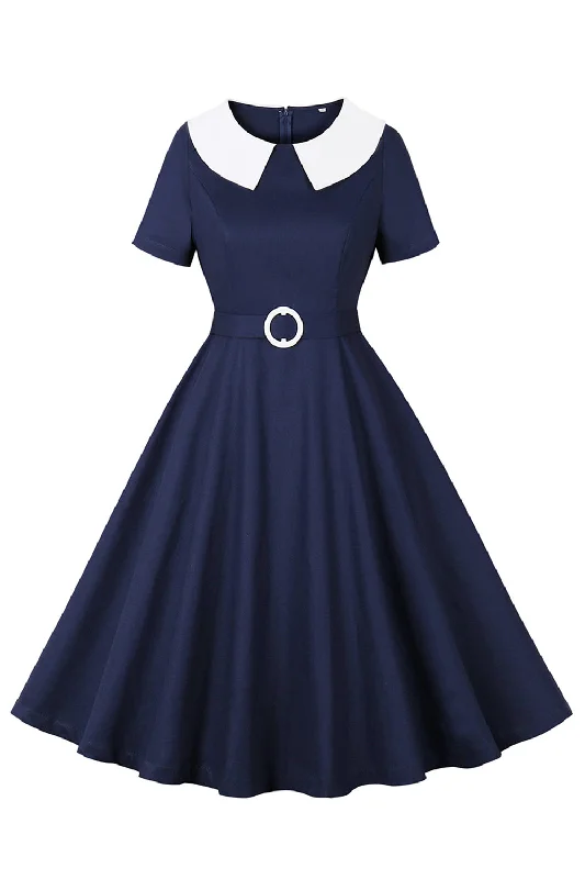 Strapless Women Dress with a Built - in Bra for Comfort and SupportNavy Round Neck A Line Vintage 1950s Dress