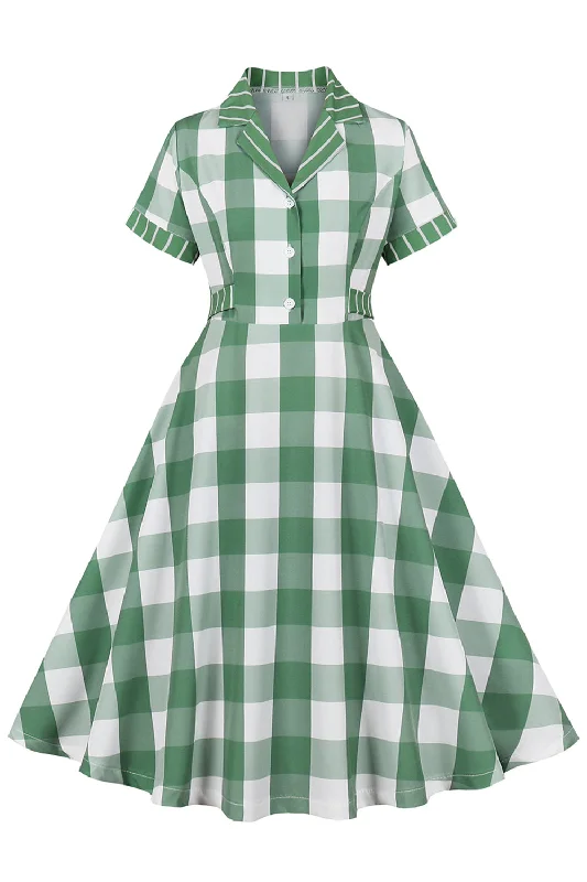 Long - Sleeve Women Dress in Velvet for a Luxurious Winter LookPlaid Green Short Sleeves Retro 1950s Dress with Bows