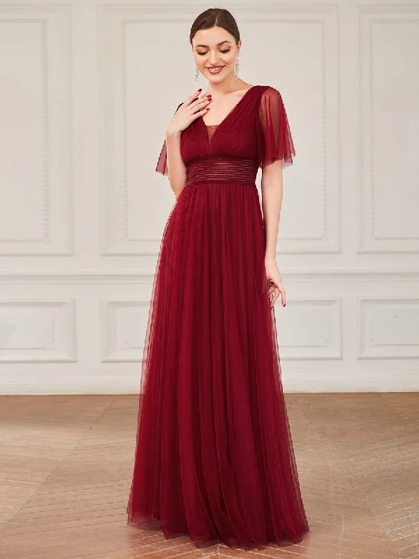 Empire Waist Women Dress to Accentuate the Bust and Conceal the WaistPleated A-Line Short Sleeve Wide Waist Tulle Bridesmaid Dress